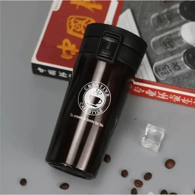 Travel coffee mug stainless steel thermos tumbler black with Creative Cafe Style logo on Tampa Home & Garden Store