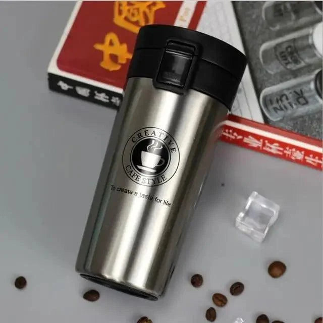 Stevvex stainless steel travel mug with black flip-lock lid, vacuum insulated tumbler on Tampa Home & Garden Store