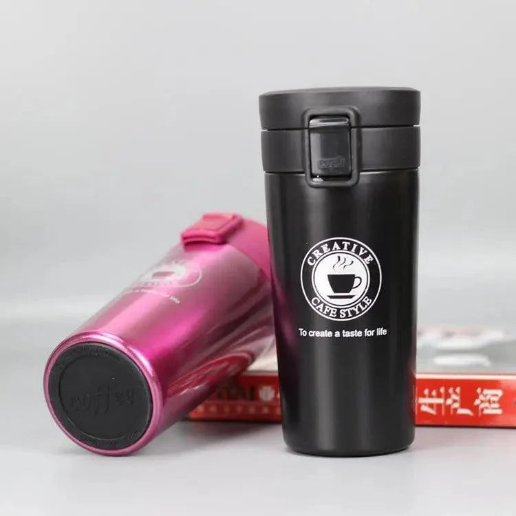 Stevvex black stainless steel travel mug with Creative Cafe Style logo, two tumblers on Tampa Home & Garden Store