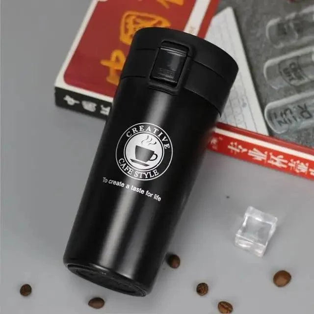 Travel mug Stevvex black stainless steel thermos tumbler flip-lock lid Creative Cafe Style logo on Tampa Home & Garden Store