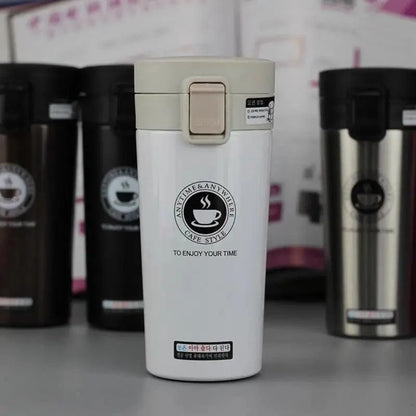 Stevvex travel coffee mug white body stainless steel thermos tumbler with beige flip lid on Tampa Home & Garden Store