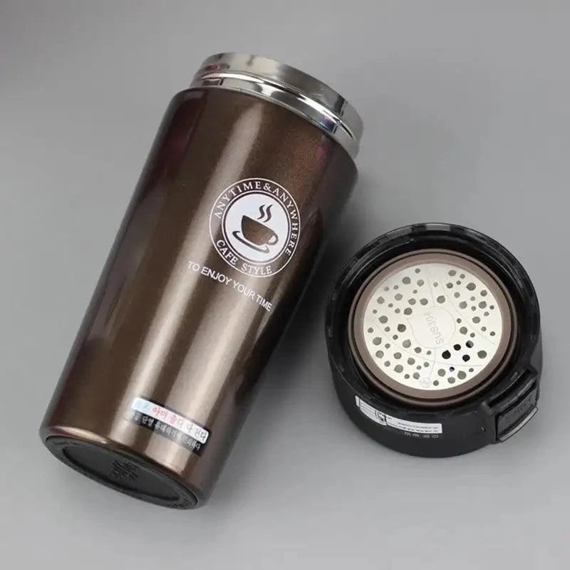 Stevvex travel coffee mug stainless steel thermos brown finish with silver lid on Tampa Home & Garden Store