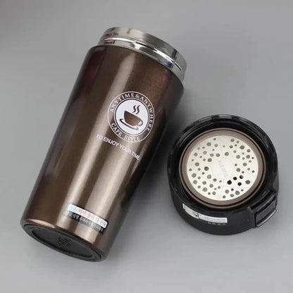 Stevvex travel coffee mug stainless steel thermos brown finish with silver lid on Tampa Home & Garden Store