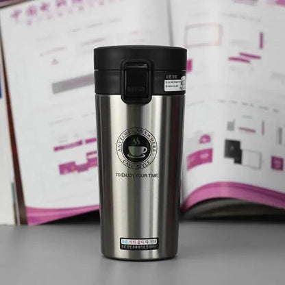 Stevvex stainless steel travel mug with black flip-lock lid vacuum insulated thermos tumbler on Tampa Home & Garden Store