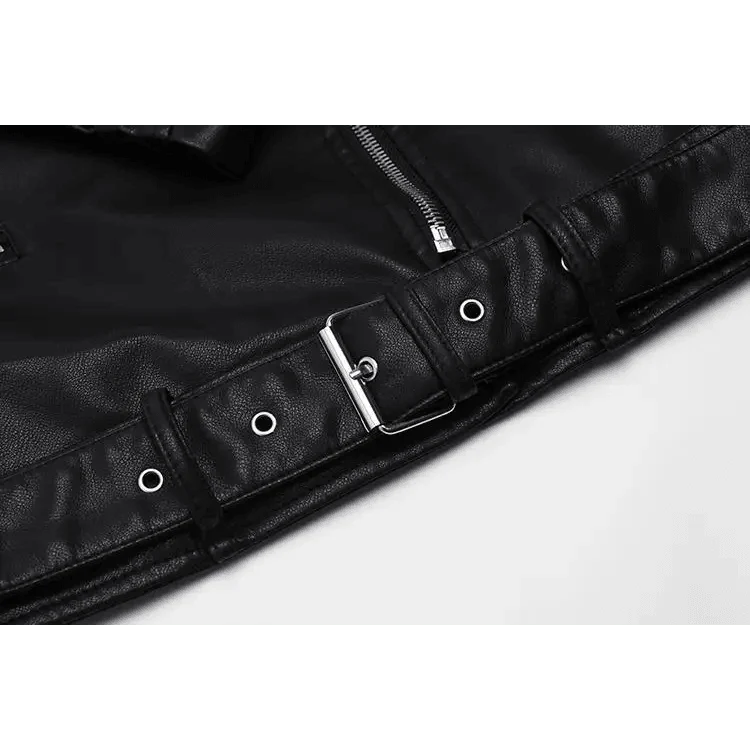 PU faux leather bomber jacket close-up with silver buckle belt and metal eyelets in black on Tampa Home & Garden Store