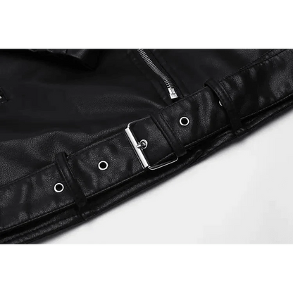 PU faux leather bomber jacket close-up with silver buckle belt and metal eyelets in black on Tampa Home & Garden Store