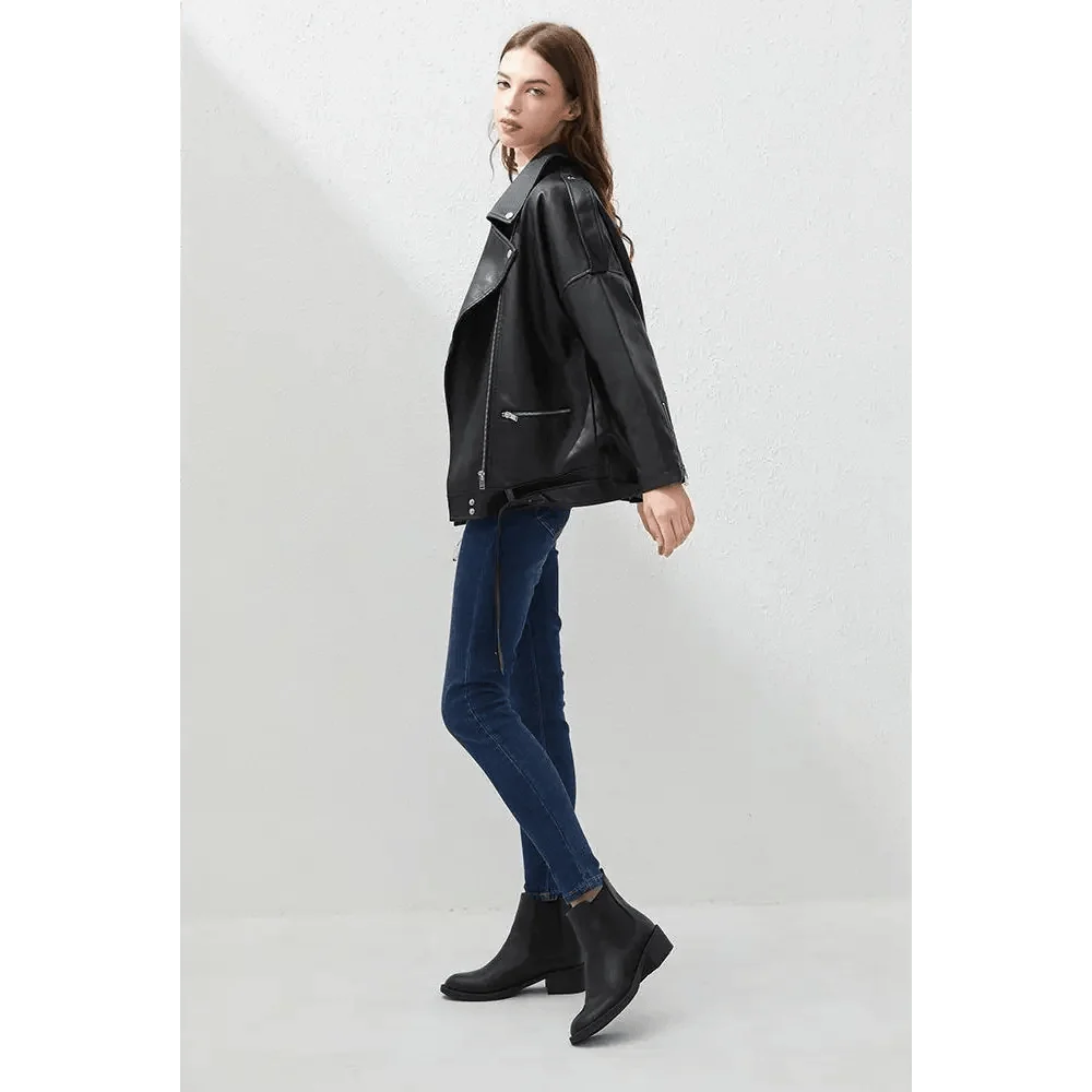 PU faux leather biker bomber jacket Stevvex, black with silver zippers, loose fit on Tampa Home & Garden Store