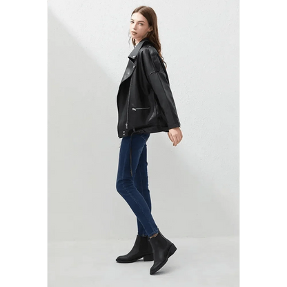 PU faux leather biker bomber jacket Stevvex, black with silver zippers, loose fit on Tampa Home & Garden Store