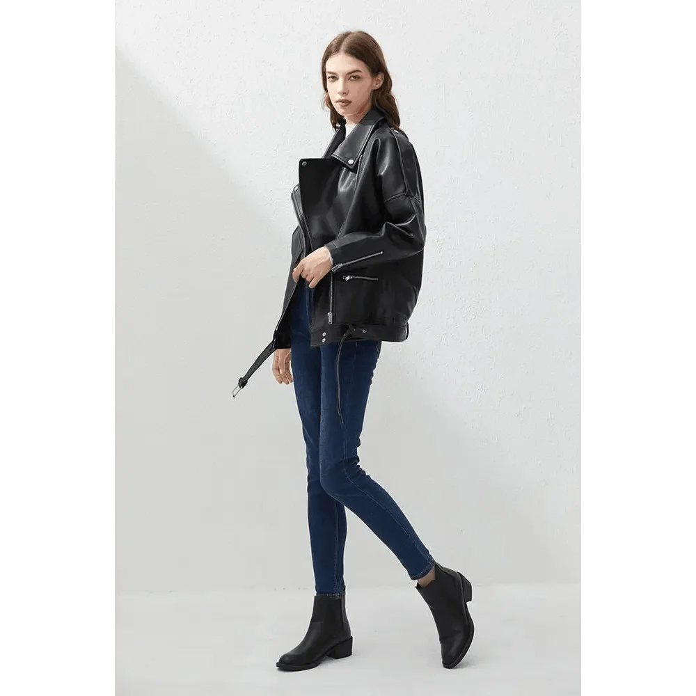 Women black PU faux leather bomber jacket with biker styling, zip pockets and belted hem on Tampa Home & Garden Store
