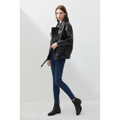 Women black PU faux leather bomber jacket with biker styling, zip pockets and belted hem on Tampa Home & Garden Store