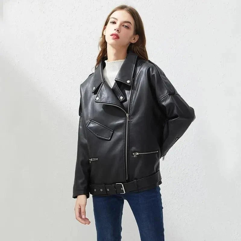 PU faux leather women's biker jacket Stevvex black with belt and zip pockets on Tampa Home & Garden Store