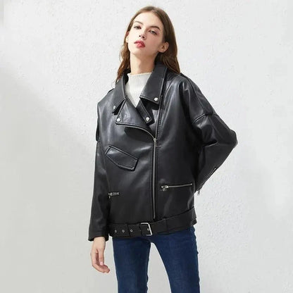 PU faux leather women's biker jacket Stevvex black with belt and zip pockets on Tampa Home & Garden Store