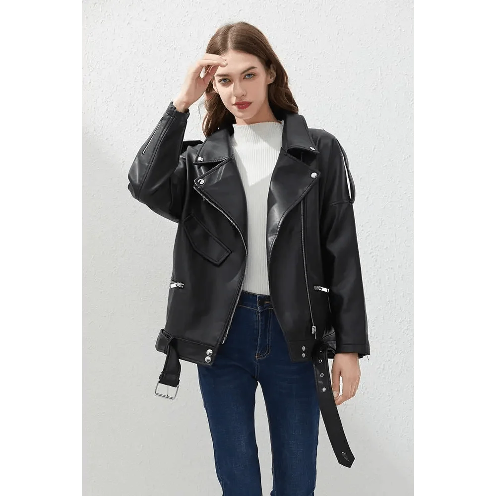 Stevvex Womens PU faux leather bomber jacket in black with silver zippers and belt on Tampa Home & Garden Store