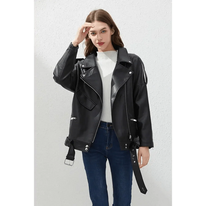 Stevvex Womens PU faux leather bomber jacket in black with silver zippers and belt on Tampa Home & Garden Store