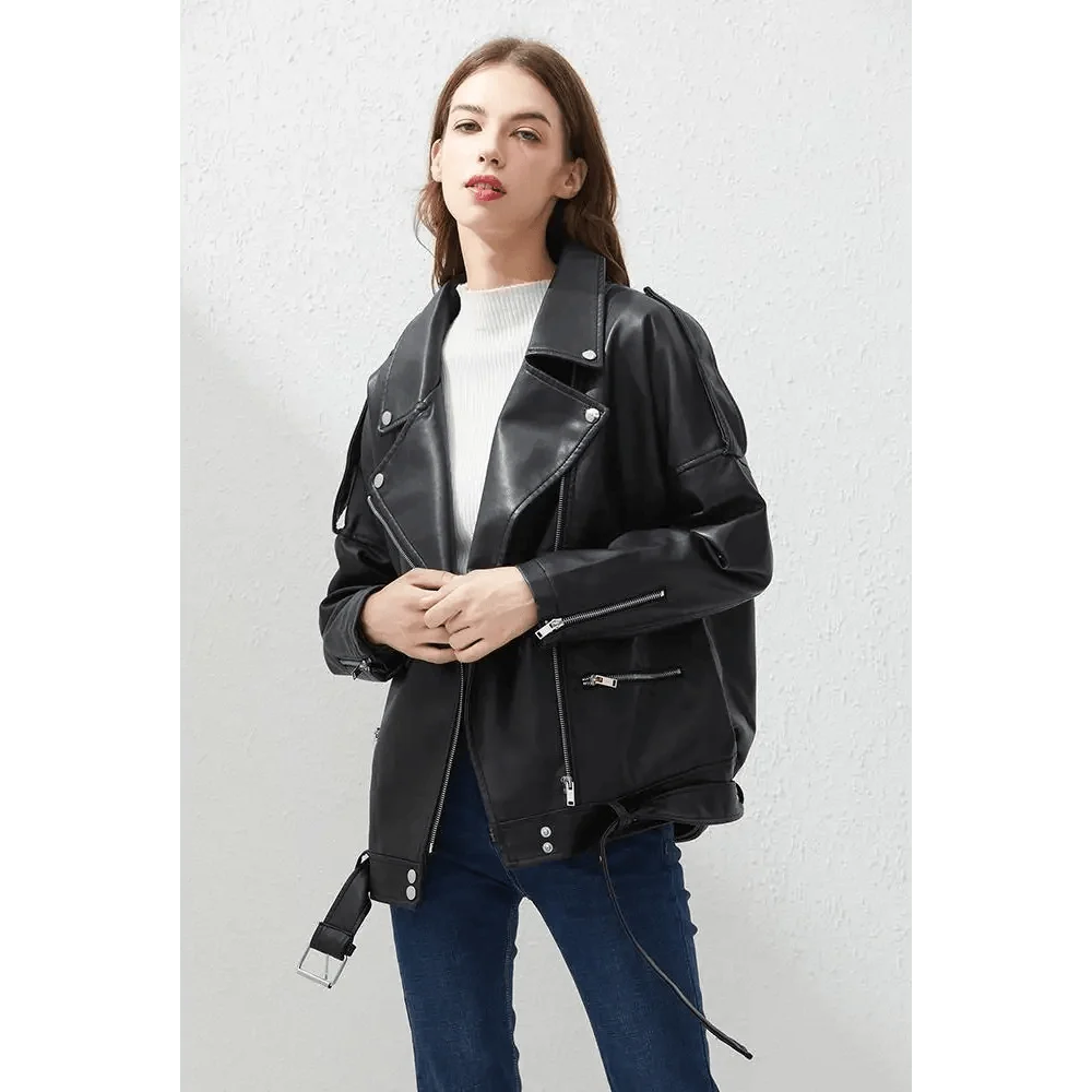 PU faux leather bomber jacket for women by Stevvex in black with silver zippers and belt on Tampa Home & Garden Store