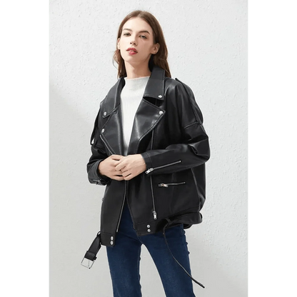 PU faux leather bomber jacket for women by Stevvex in black with silver zippers and belt on Tampa Home & Garden Store
