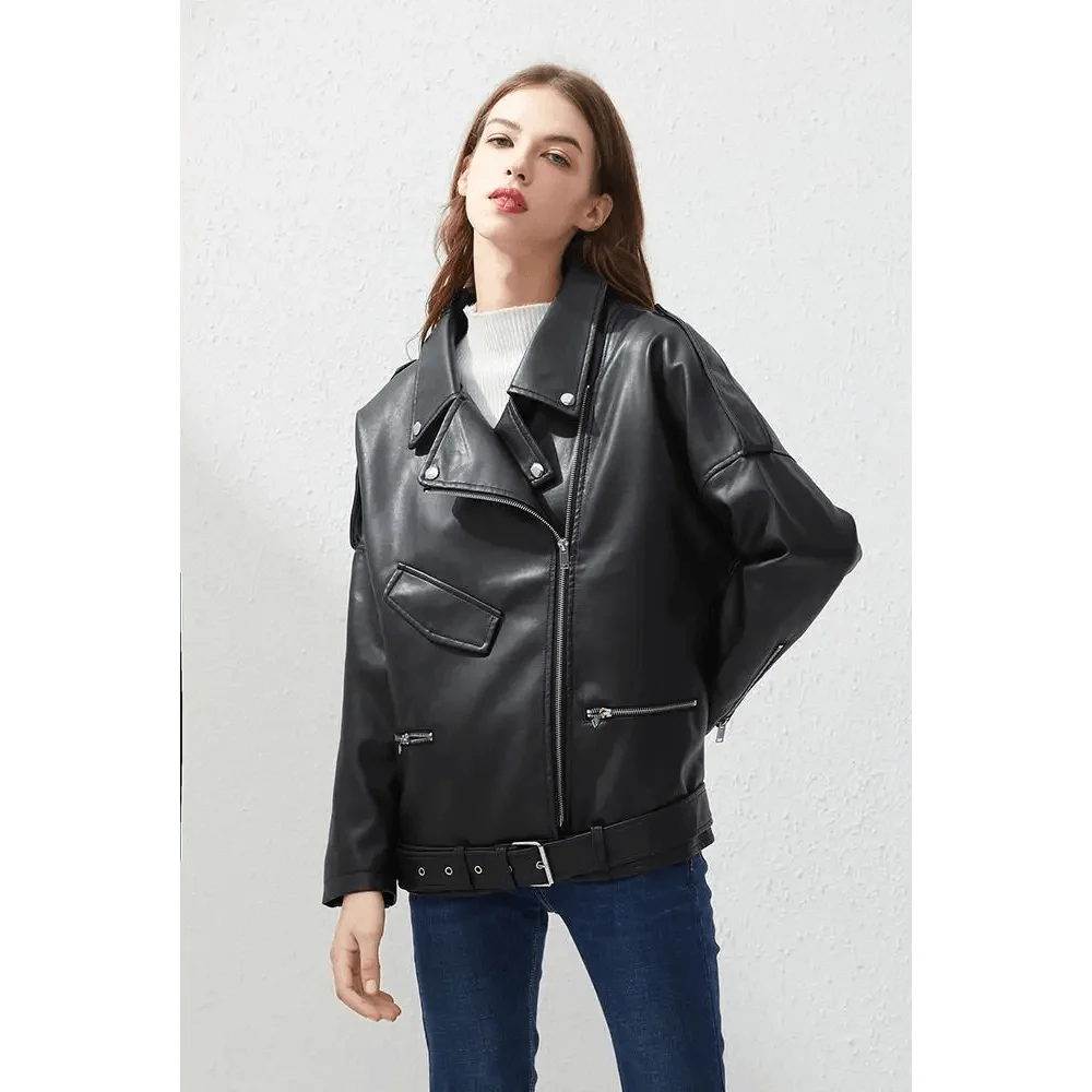 PU faux leather bomber jacket for women by Stevvex, black oversized fit with belt and zip pockets on Tampa Home & Garden Store