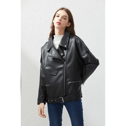 PU faux leather bomber jacket for women by Stevvex, black oversized fit with belt and zip pockets on Tampa Home & Garden Store