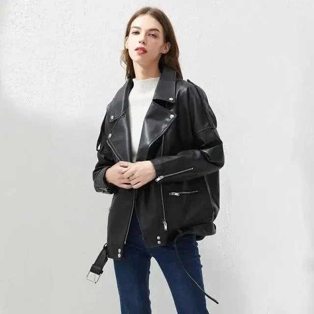 Stevvex PU faux leather bomber jacket women's black oversized fit with silver zippers on Tampa Home & Garden Store