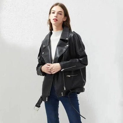 Stevvex PU faux leather bomber jacket women's black oversized fit with silver zippers on Tampa Home & Garden Store