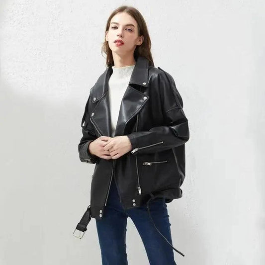 Stevvex PU faux leather bomber jacket women's black oversized fit with silver zippers on Tampa Home & Garden Store