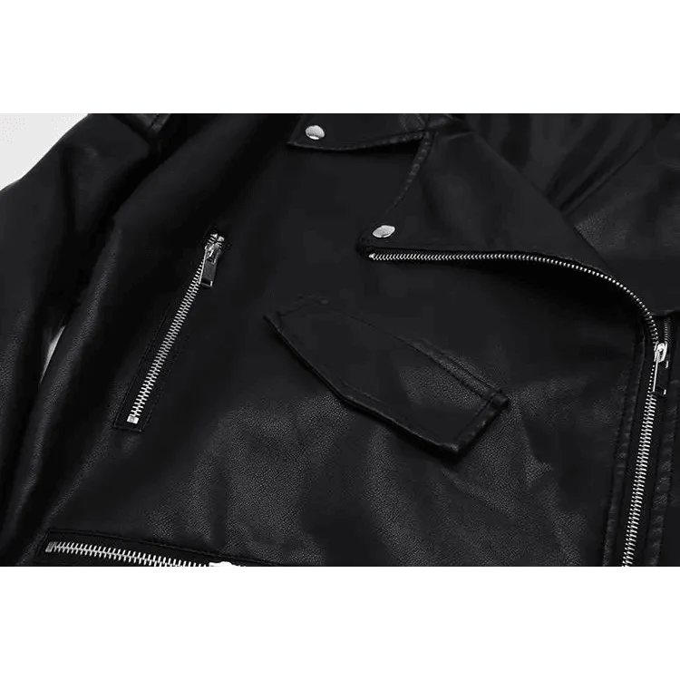 PU Faux Leather Jacket Women black bomber with silver zippers and flap pockets Stevvex on Tampa Home & Garden Store