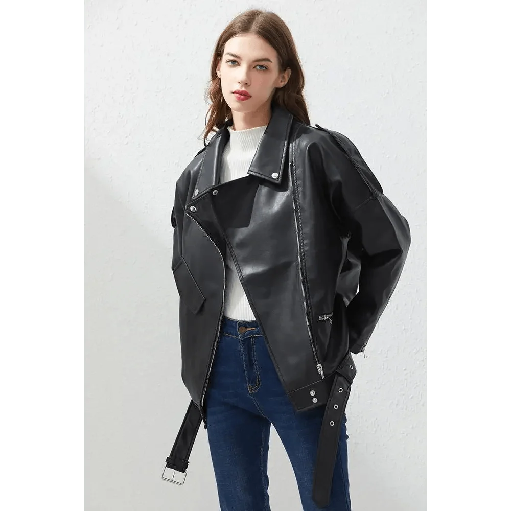 Stevvex PU faux leather bomber jacket, oversized black biker coat with wide lapels and zips on Tampa Home & Garden Store