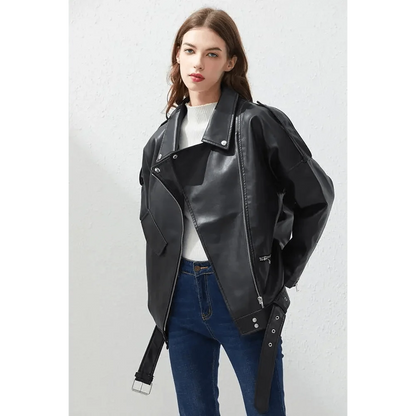 Stevvex PU faux leather bomber jacket, oversized black biker coat with wide lapels and zips on Tampa Home & Garden Store
