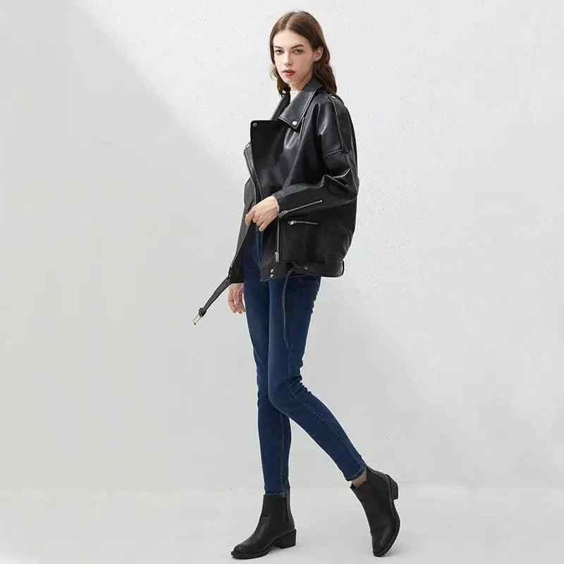 PU Faux Leather Jacket Women black oversized bomber with zips belt Stevvex ST93345EGA on Tampa Home & Garden Store