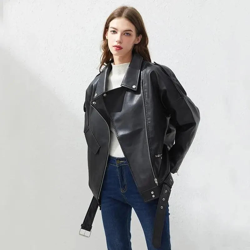 Stevvex black PU faux leather biker jacket for women, oversized with diagonal zipper and belt on Tampa Home & Garden Store