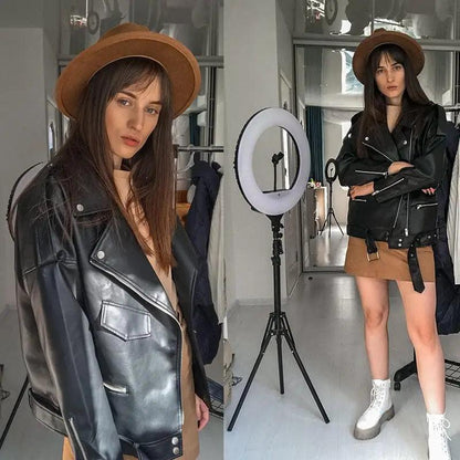 Stevvex PU faux leather jacket for women, loose sash, black biker outerwear on Tampa Home & Garden Store