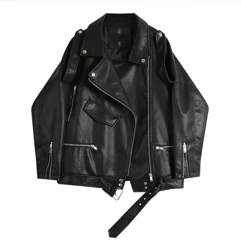 Stevvex women PU faux leather biker jacket in black with belt and silver zippers on Tampa Home & Garden Store