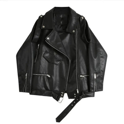 Stevvex women PU faux leather biker jacket in black with belt and silver zippers on Tampa Home & Garden Store