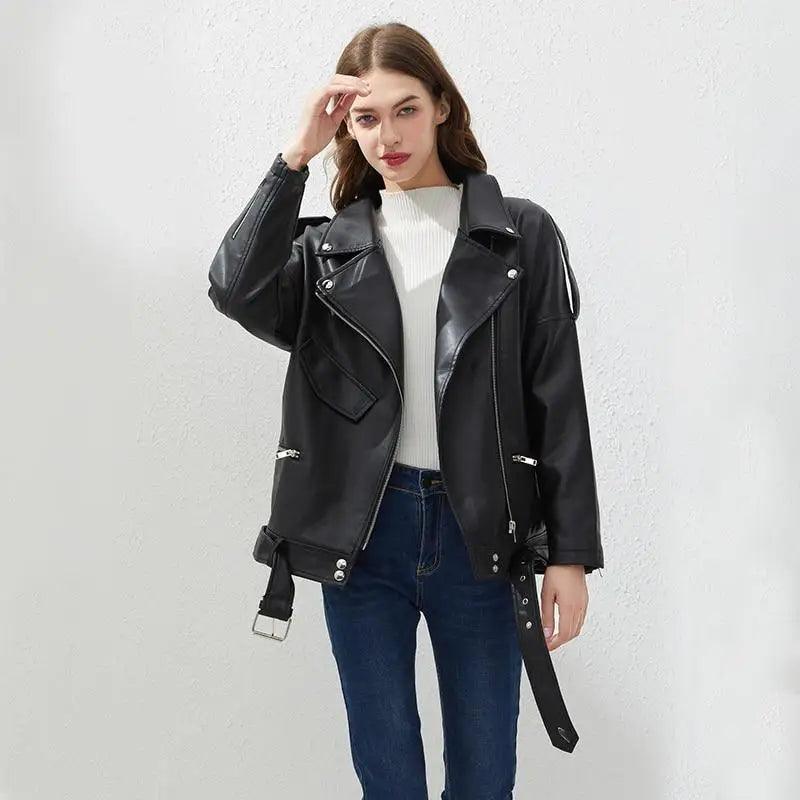 Stevvex women's PU faux leather bomber jacket, black with silver zippers and belt on Tampa Home & Garden Store
