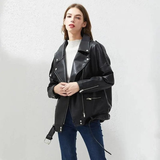 Stevvex PU faux leather biker jacket for women, oversized black with silver zippers on Tampa Home & Garden Store