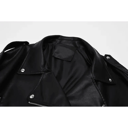 PU faux leather women's biker jacket in black with silver snaps and zippers on Tampa Home & Garden Store