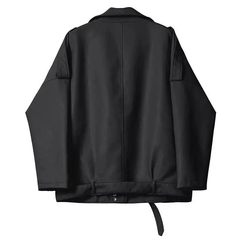 Stevvex PU faux leather bomber jacket for women, black, loose fit with waist belt back view on Tampa Home & Garden Store