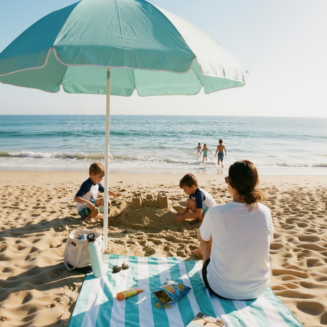 The Coastline Beach Towel teal and white striped towel by The California Beach Company LLC on Tampa Home & Garden Store