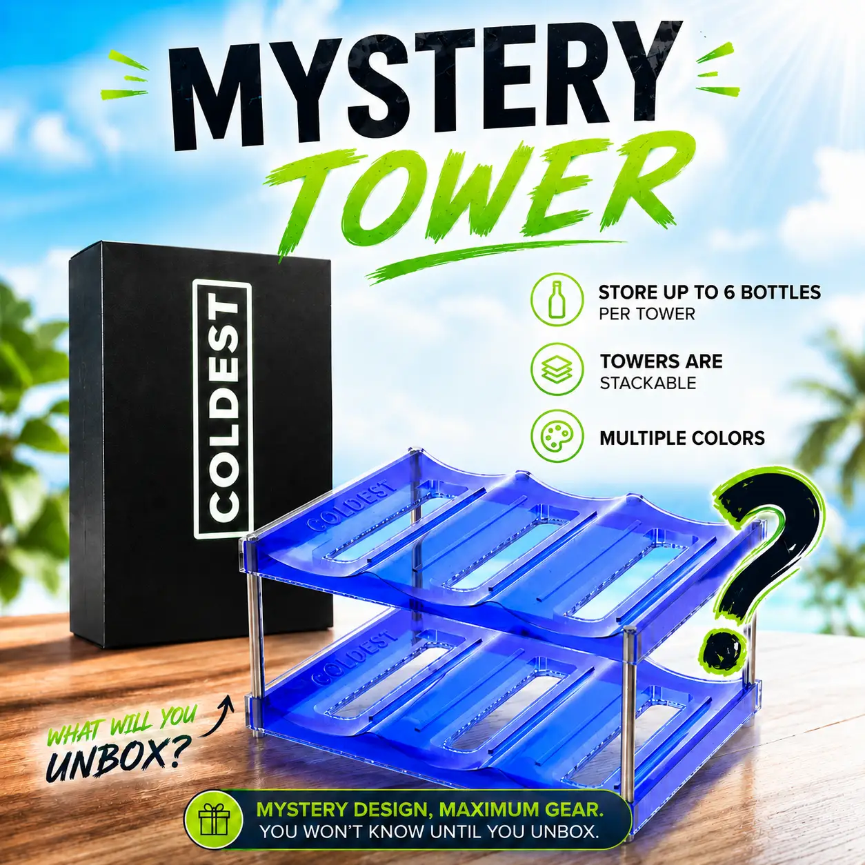 Coldest Towers Bottle Organizer with blue stackable trays; holds up to 6 bottles per tower on Tampa Home & Garden Store