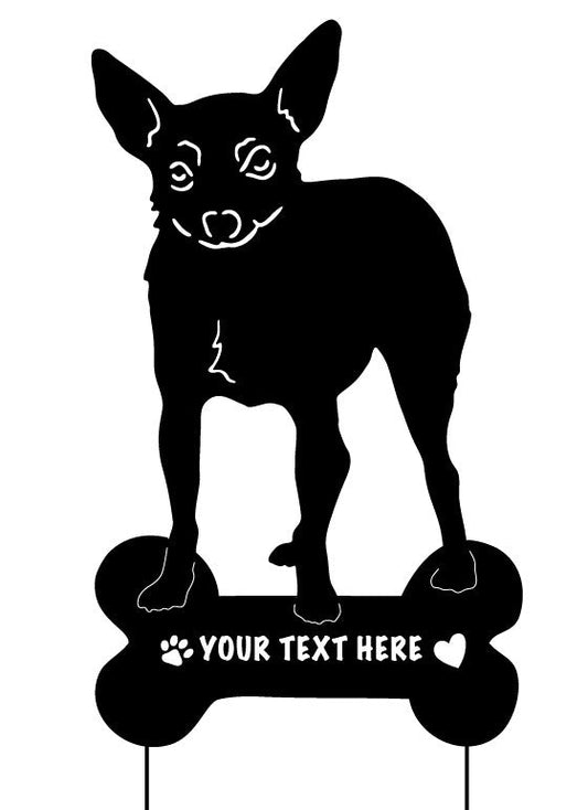 Toy Fox Terrier garden stake in black silhouette with bone base and customizable text on Tampa Home & Garden Store