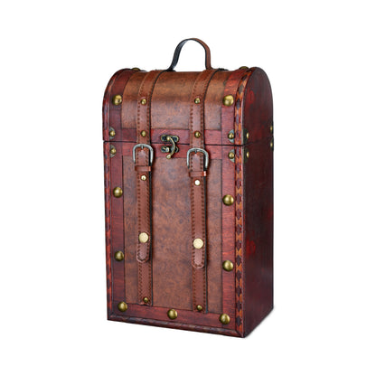 2 Bottle Antique Wooden Wine Box with brown leather straps and brass studs on Tampa Home & Garden Store