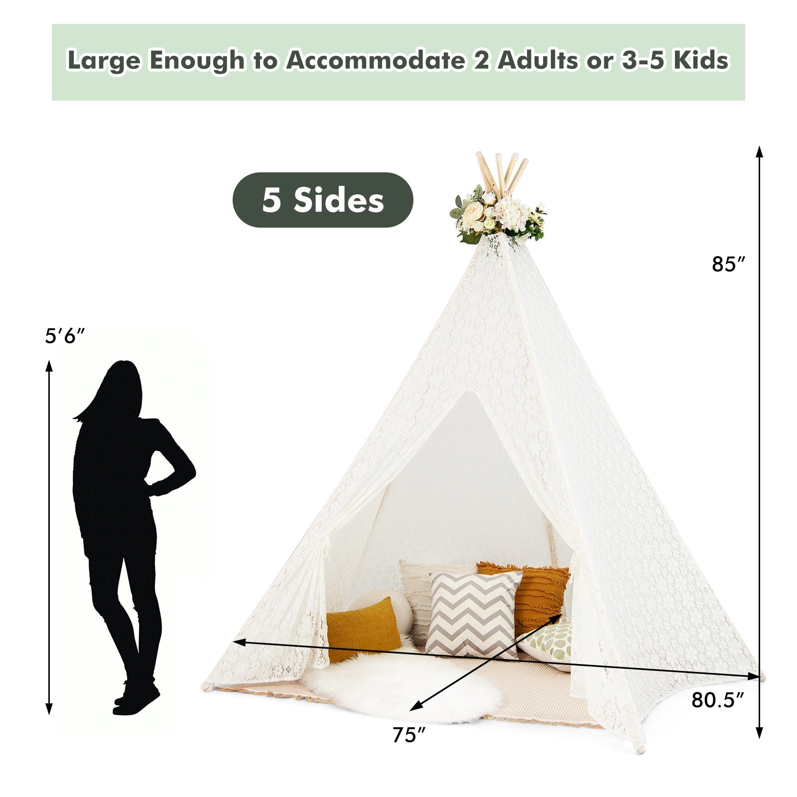 Lace teepee tent GemGear, cream 5-sided with floral topper and colorful light strings, 85in tall on Tampa Home & Garden Store