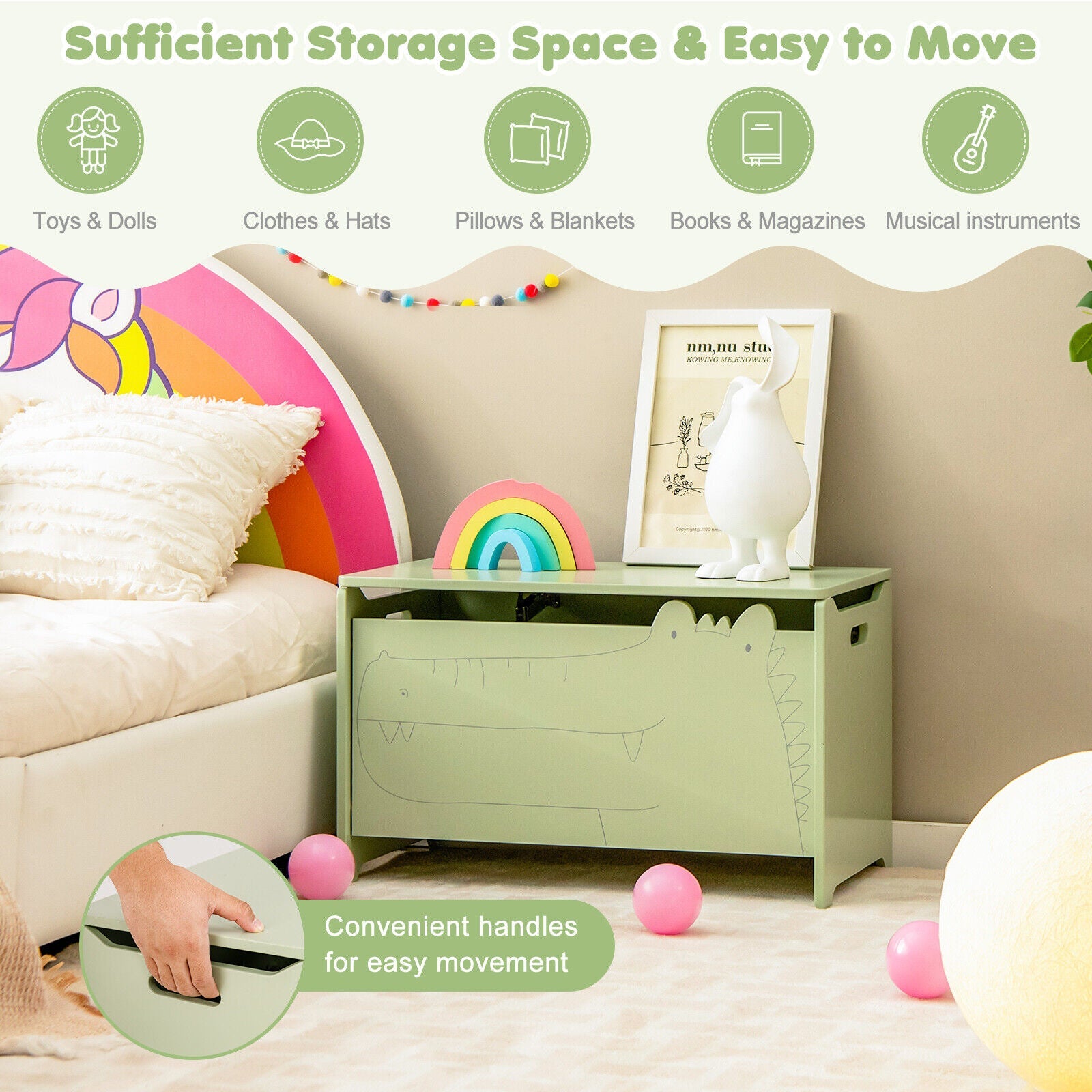 Wooden Kids Toy Box with Safety Hinge in pastel green; crocodile front, handles DirectDeals on Tampa Home & Garden Store