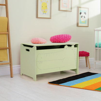 Wooden kids toy box with safety hinge in mint green, topped with pink cushions by DirectDeals on Tampa Home & Garden Store