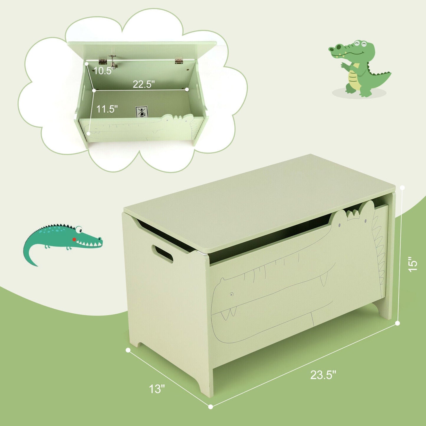 Wooden kid's toy box with safety hinge in cream, DirectDeals toy chest with crocodile graphic on Tampa Home & Garden Store