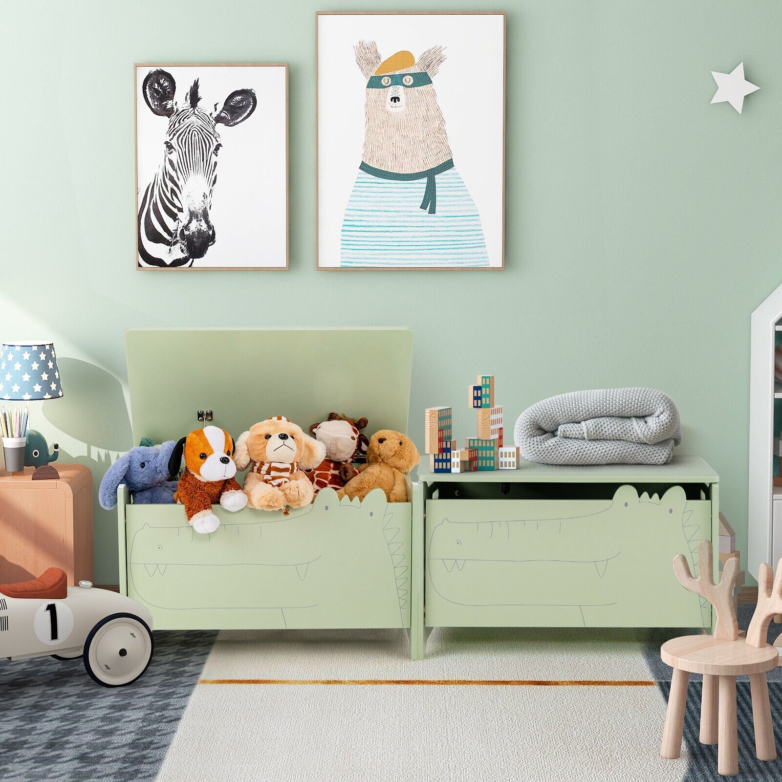 Wooden toy chests in mint green with safety hinges, plush toys and blocks in a child's playroom on Tampa Home & Garden Store