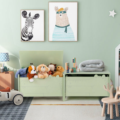Wooden toy chests in mint green with safety hinges, plush toys and blocks in a child's playroom on Tampa Home & Garden Store