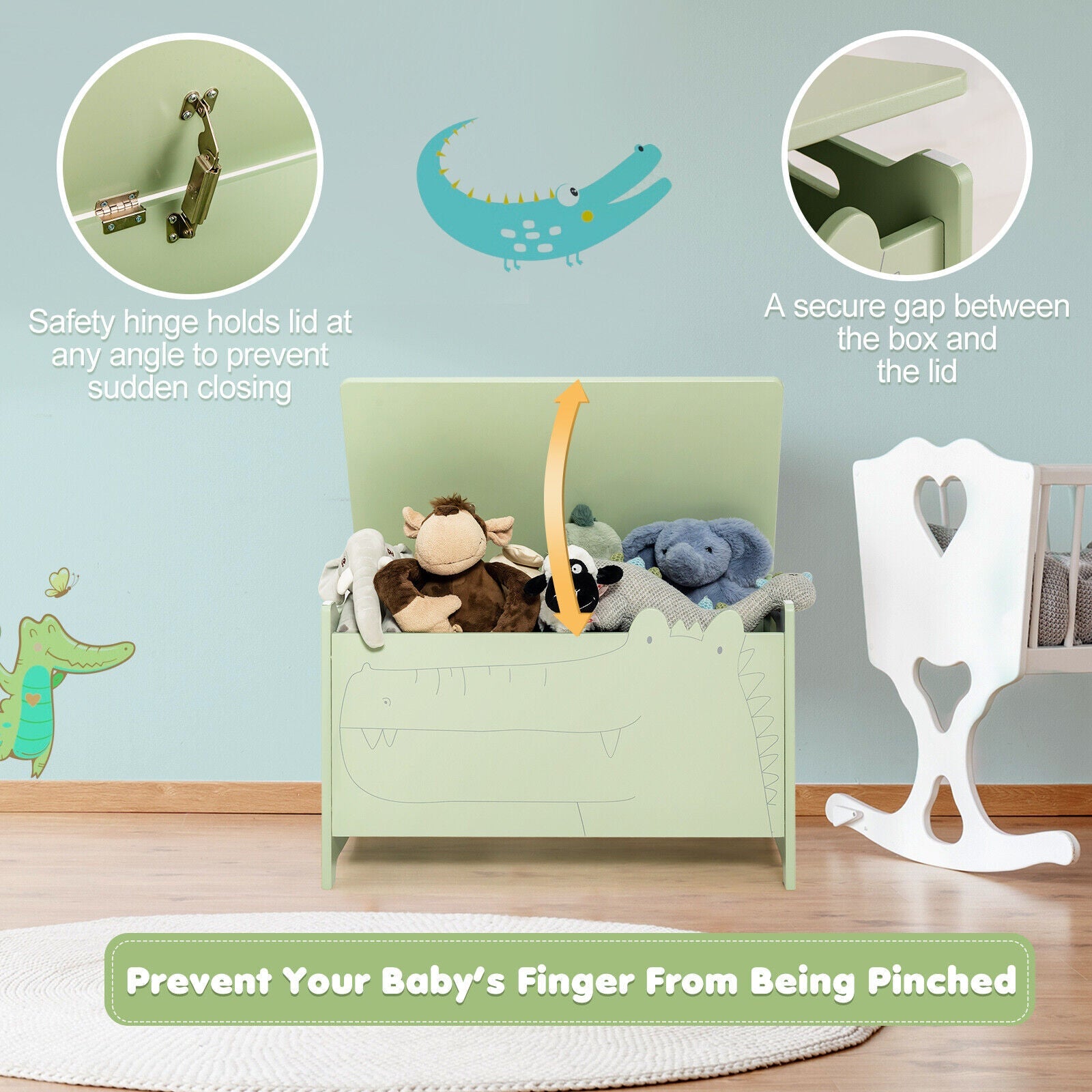 DirectDeals wooden kids toy box with safety hinge in pale green, filled with plush toys on Tampa Home & Garden Store