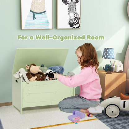 Wooden Kids Toy Box DirectDeals with safety hinge, light green finish, lid open with plush toys on Tampa Home & Garden Store