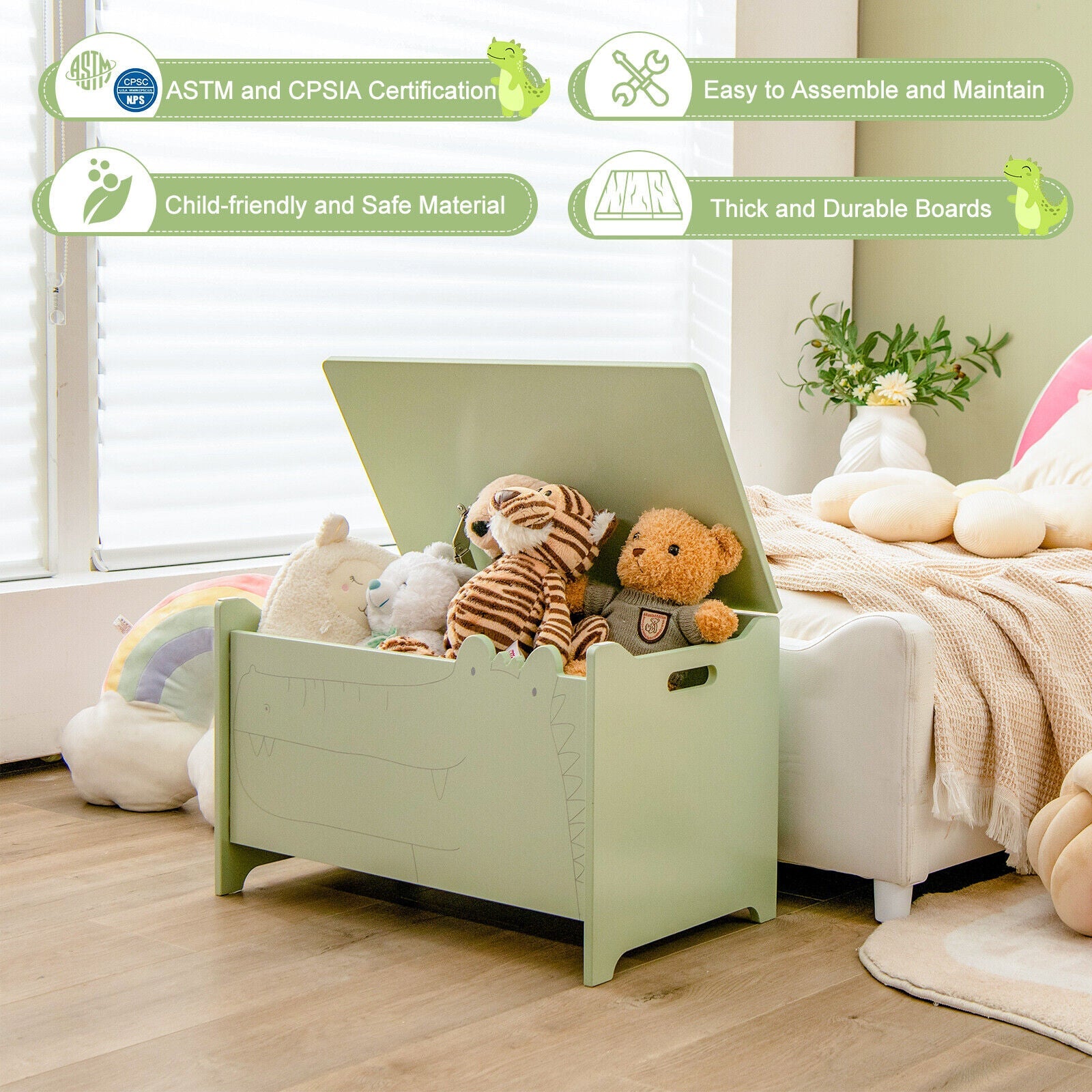 Wooden Kids Toy Box with Safety Hinge by DirectDeals, mint green wood toy chest on Tampa Home & Garden Store